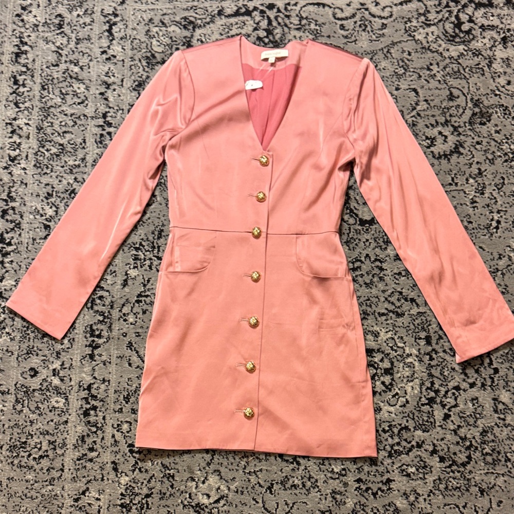 Pink Satin Button Front Long Sleeve Dress